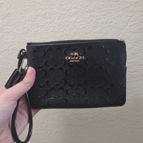 Coach Signature Debossed Leather Corner Zip Wristlet - Picture 1 of 4